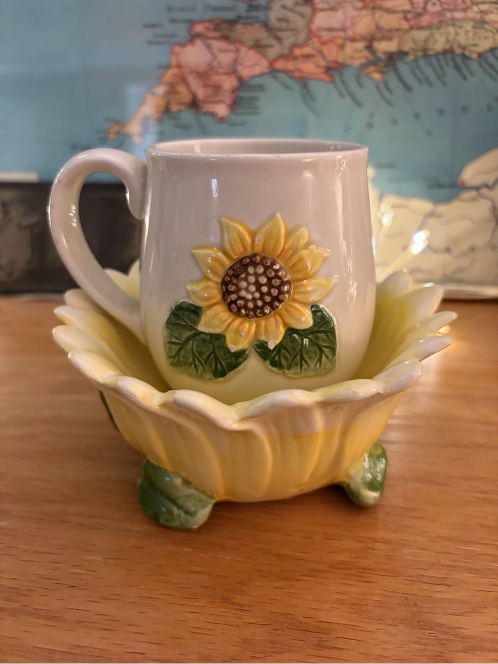 Vintage Otagiri Japan 3D Sunflower Mug & Footed Saucer Bowl Set